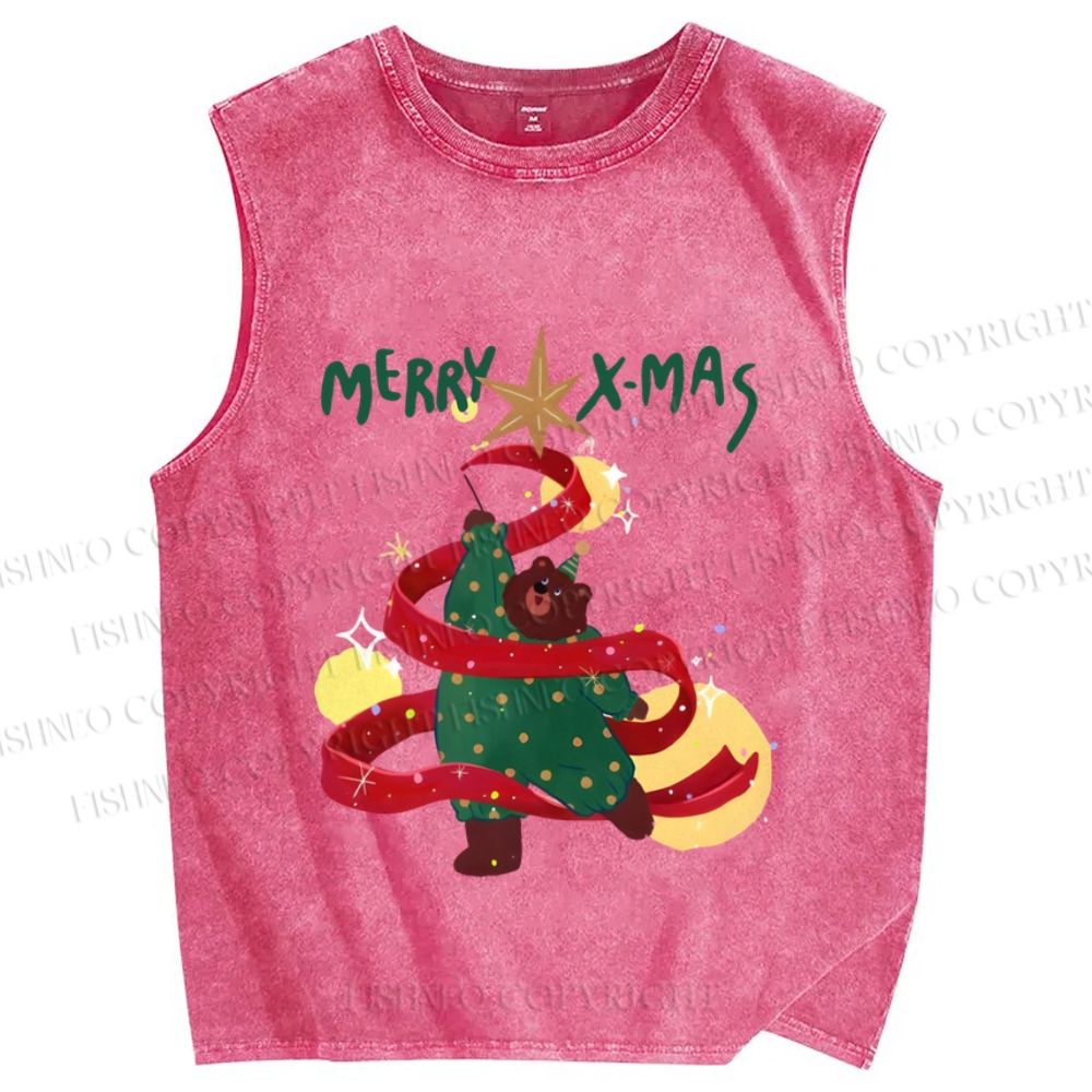 Unisex Christmas Bear Dancing Printed Washed Tank Top