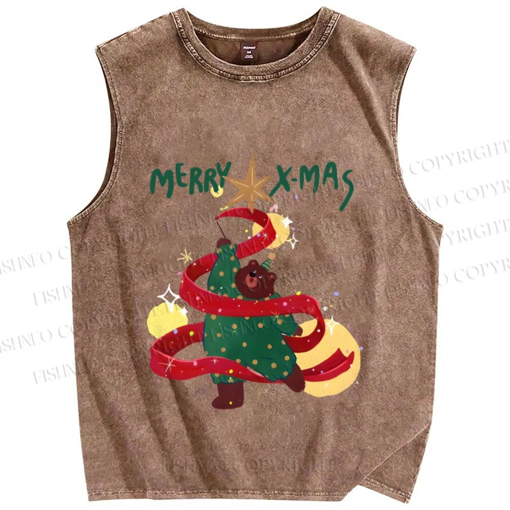 Unisex Christmas Bear Dancing Printed Washed Tank Top