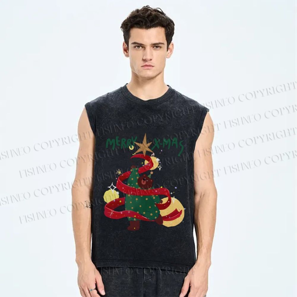 Unisex Christmas Bear Dancing Printed Washed Tank Top