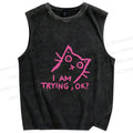 Unisex Funny Cat Im Trying Printed Washed Tank Top