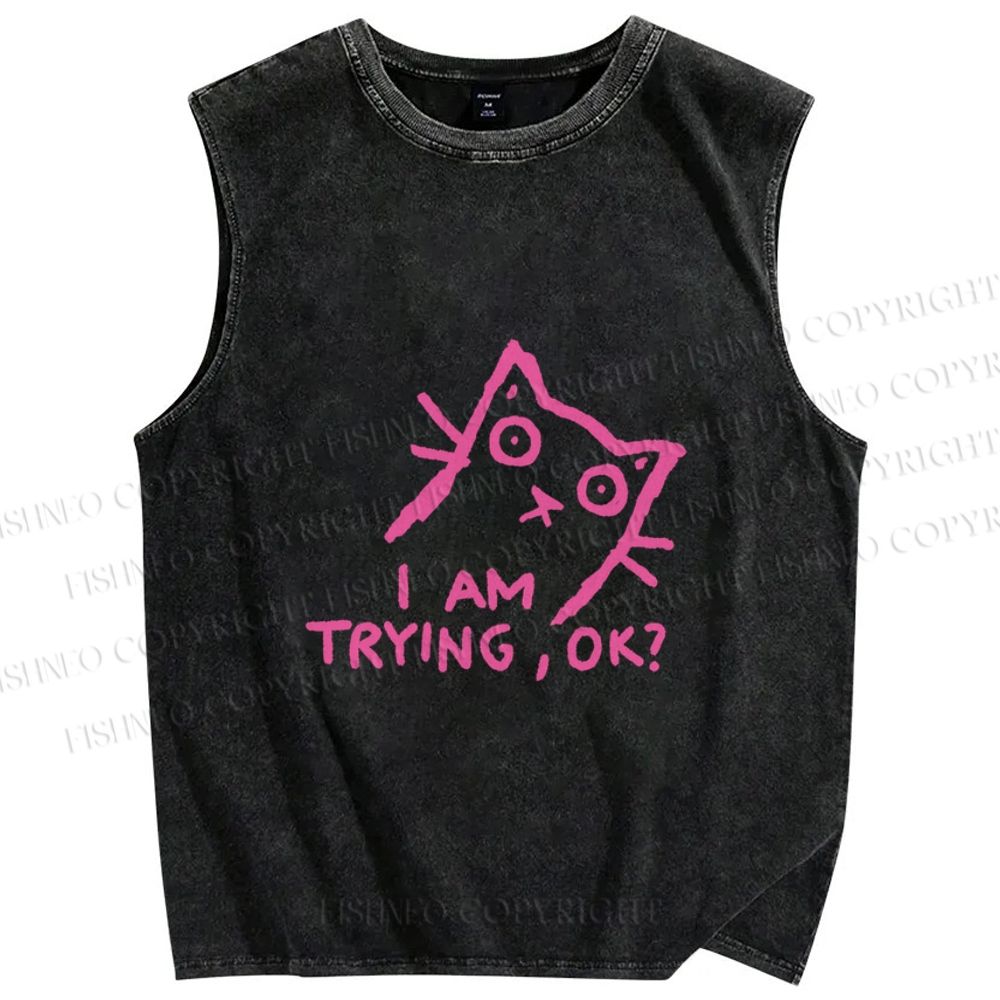 Unisex Funny Cat Im Trying Printed Washed Tank Top