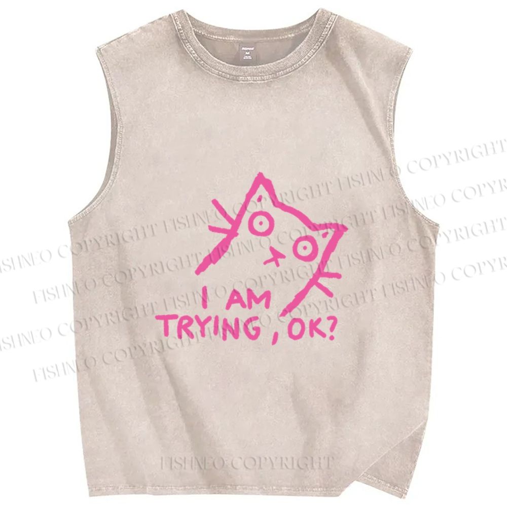 Unisex Funny Cat Im Trying Printed Washed Tank Top
