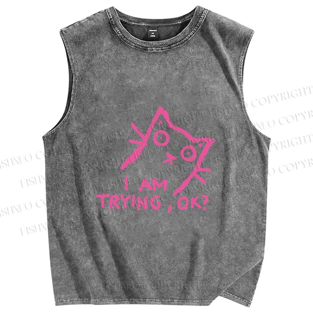 Unisex Funny Cat Im Trying Printed Washed Tank Top