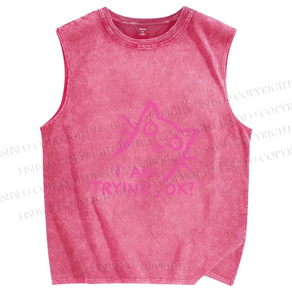 Unisex Funny Cat Im Trying Printed Washed Tank Top