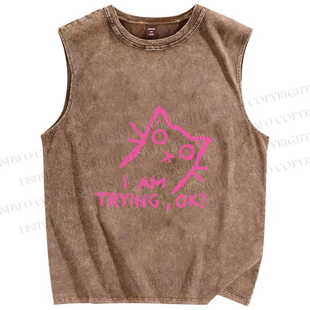 Unisex Funny Cat Im Trying Printed Washed Tank Top