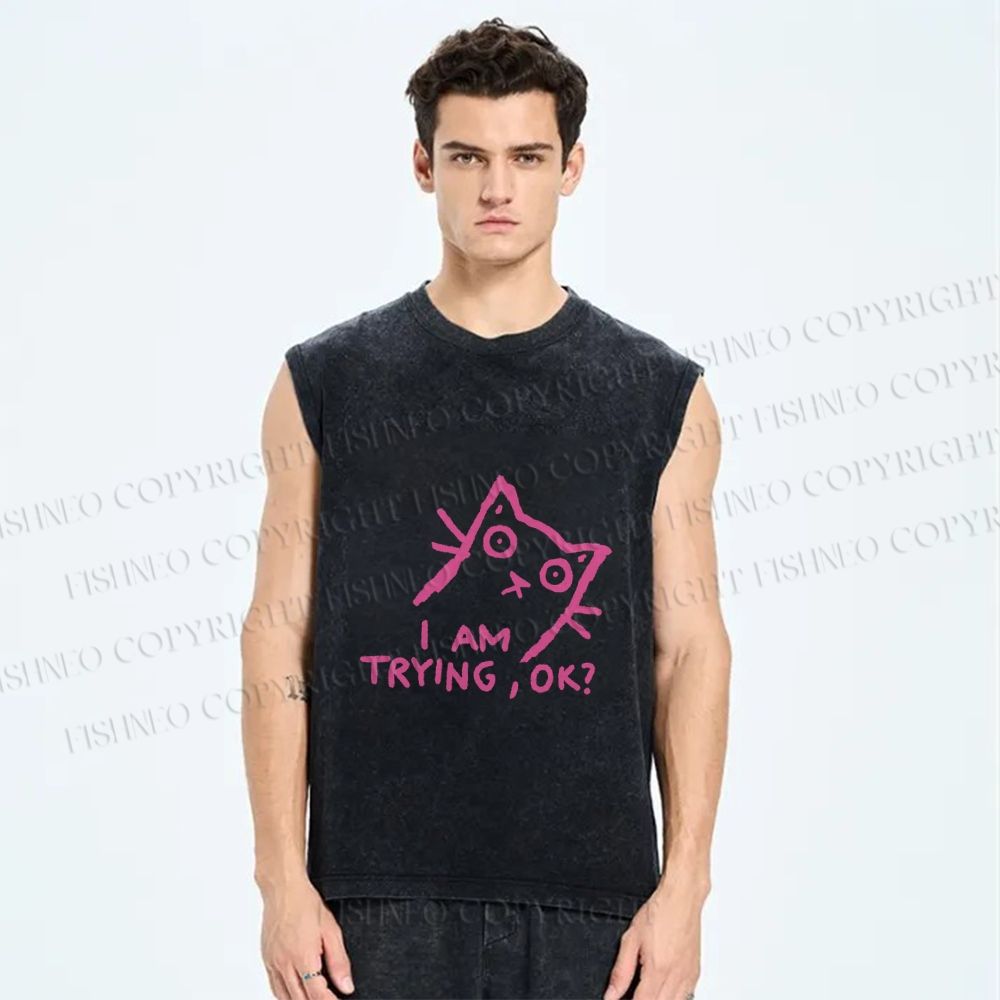Unisex Funny Cat Im Trying Printed Washed Tank Top