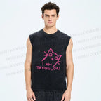 Unisex Funny Cat Im Trying Printed Washed Tank Top