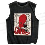 Unisex Cat Holding Octopus Vintage Art Printed Washed Tank Top