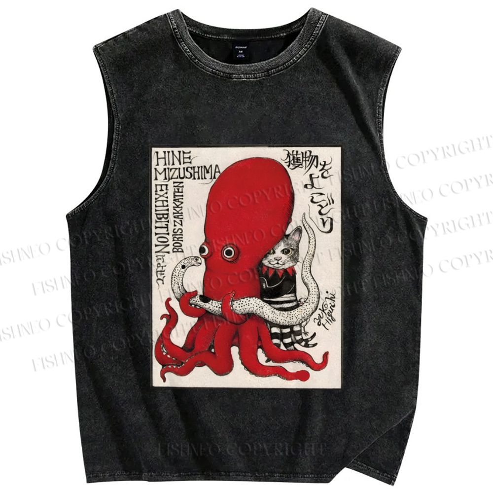 Unisex Cat Holding Octopus Vintage Art Printed Washed Tank Top