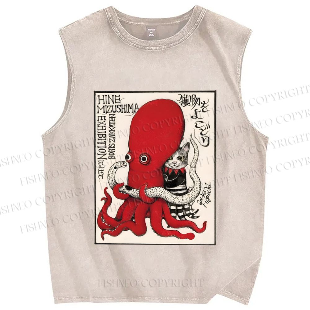 Unisex Cat Holding Octopus Vintage Art Printed Washed Tank Top