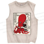 Unisex Cat Holding Octopus Vintage Art Printed Washed Tank Top