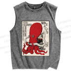 Unisex Cat Holding Octopus Vintage Art Printed Washed Tank Top