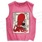 Unisex Cat Holding Octopus Vintage Art Printed Washed Tank Top