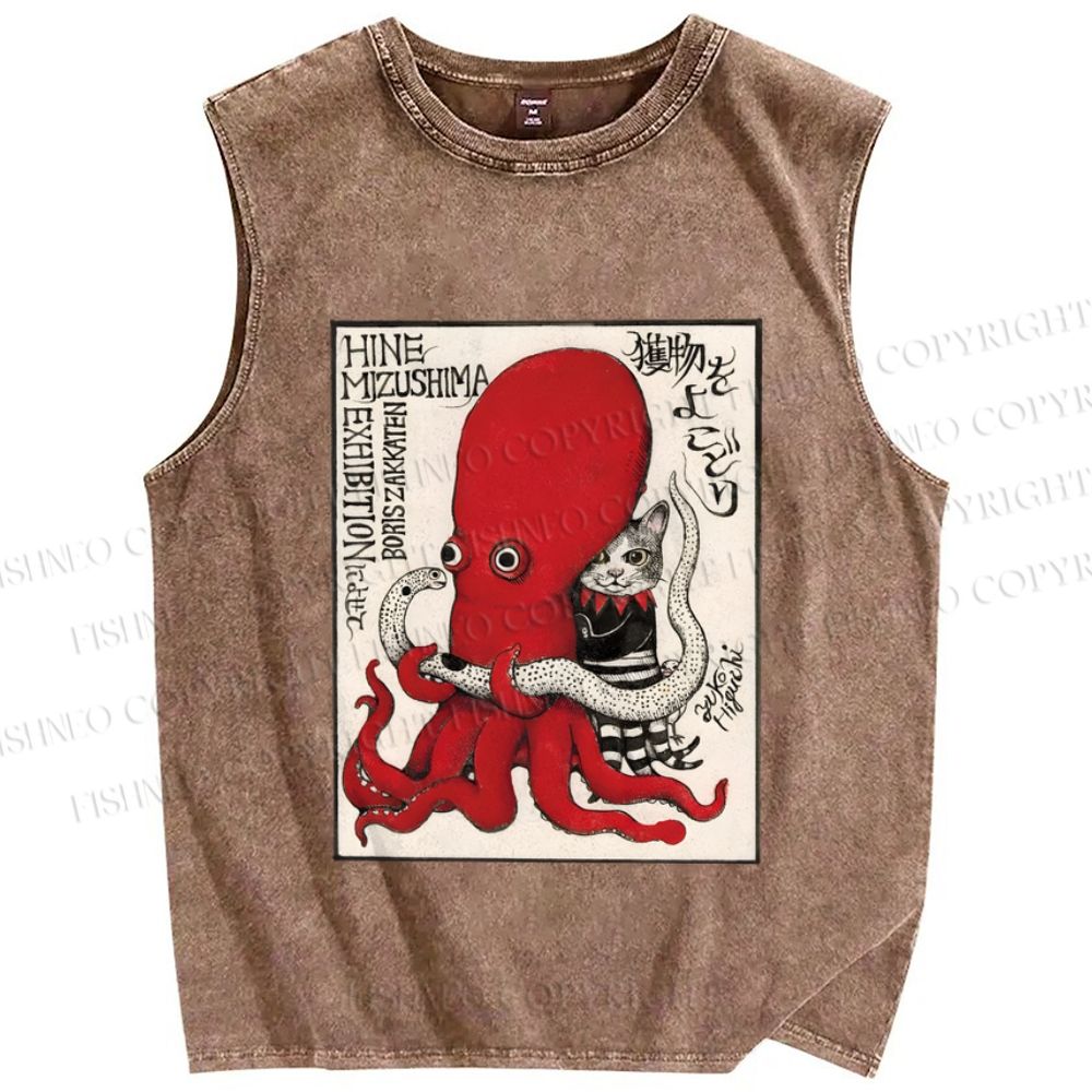Unisex Cat Holding Octopus Vintage Art Printed Washed Tank Top