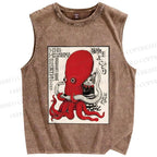 Unisex Cat Holding Octopus Vintage Art Printed Washed Tank Top
