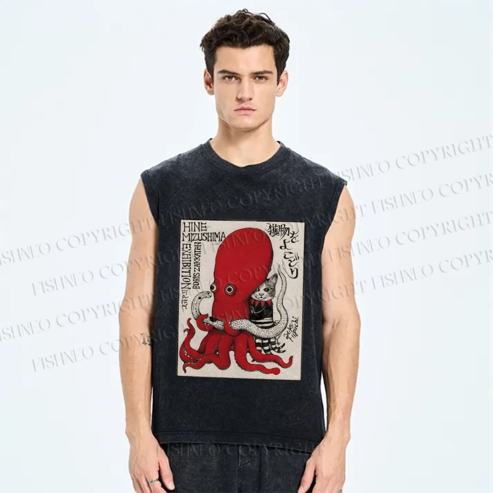 Unisex Cat Holding Octopus Vintage Art Printed Washed Tank Top