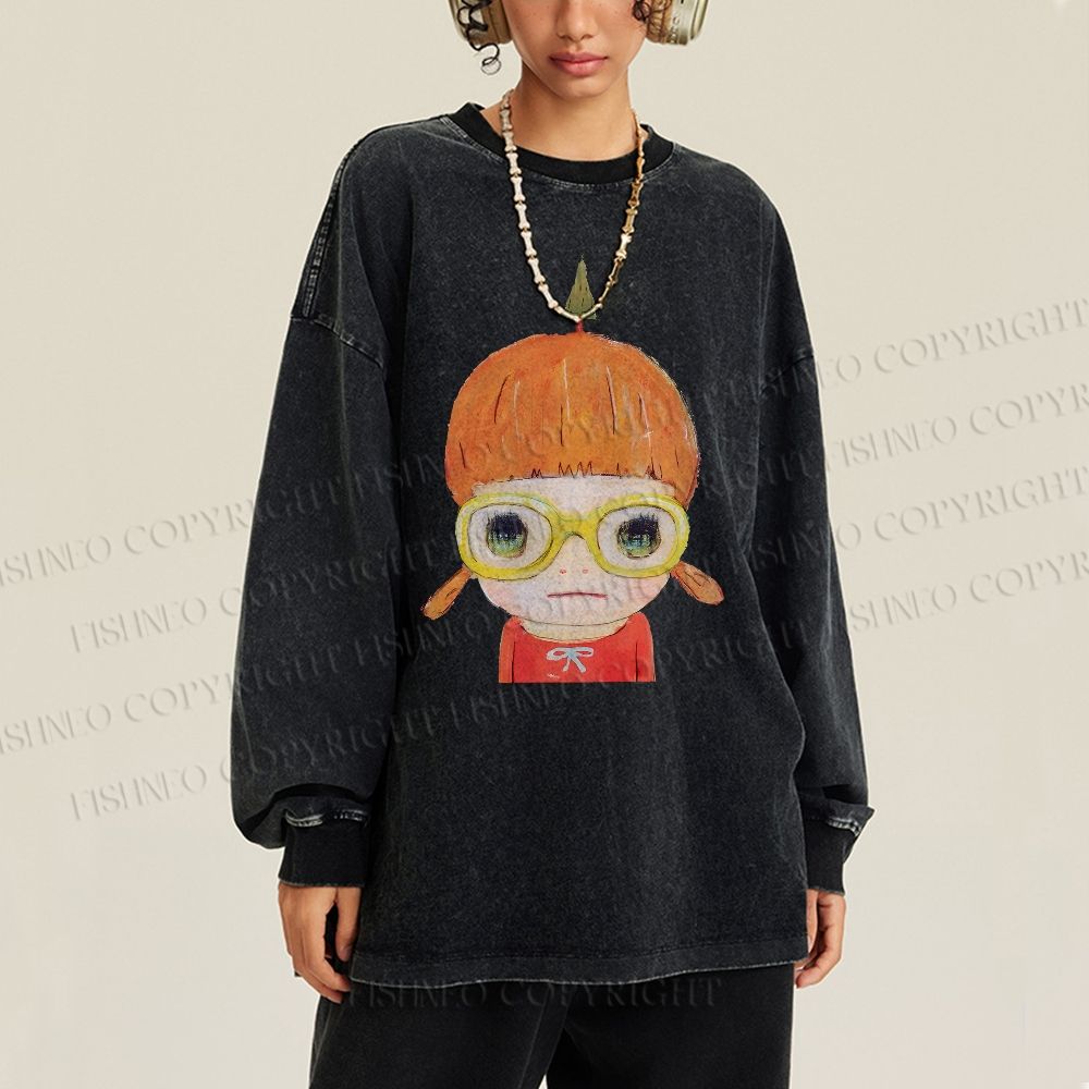 Unisex Casual Washed Yoshitomo Nara Printed Long Sleeve T-shirt