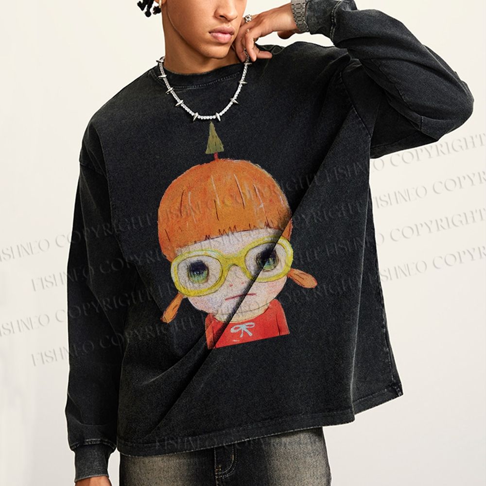Unisex Casual Washed Yoshitomo Nara Printed Long Sleeve T-shirt