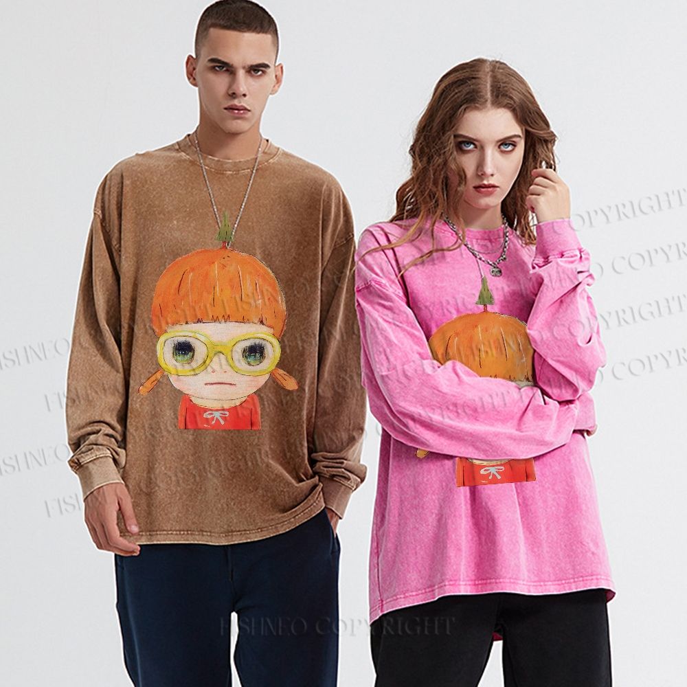 Unisex Casual Washed Yoshitomo Nara Printed Long Sleeve T-shirt