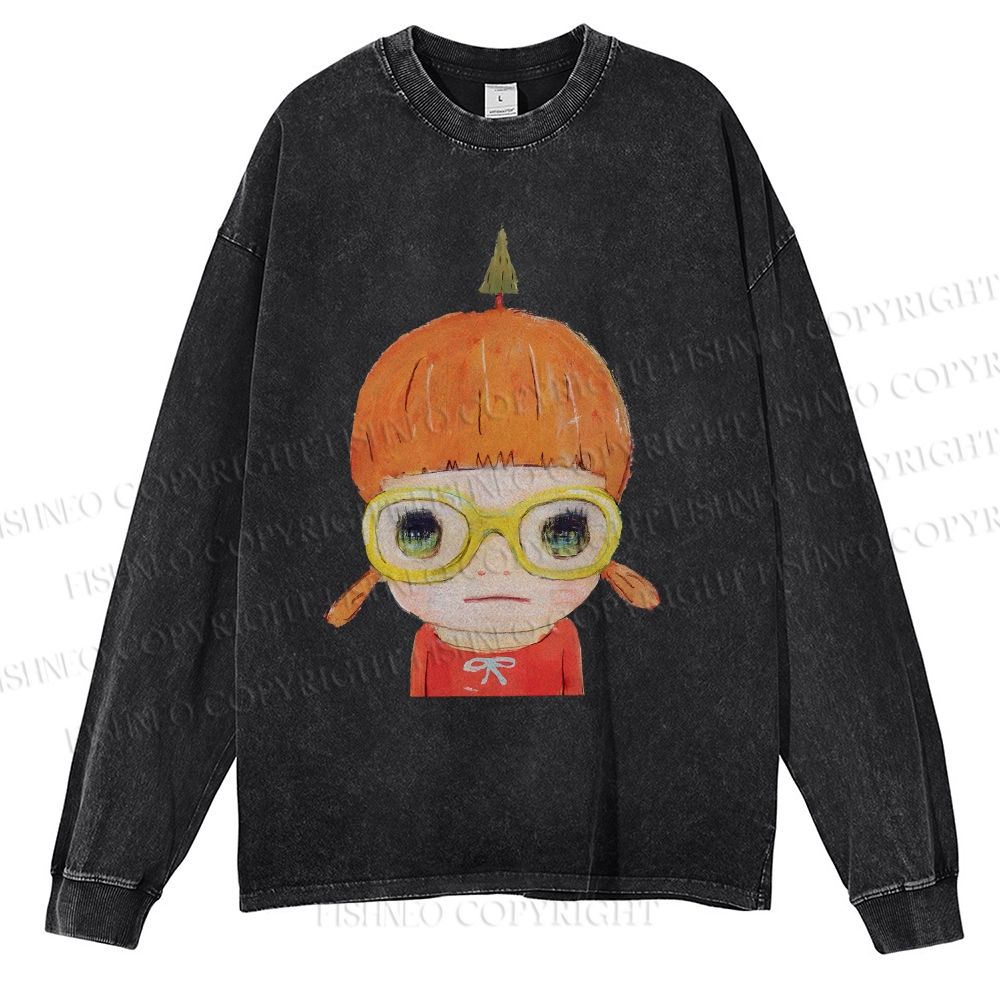 Unisex Casual Washed Yoshitomo Nara Printed Long Sleeve T-shirt