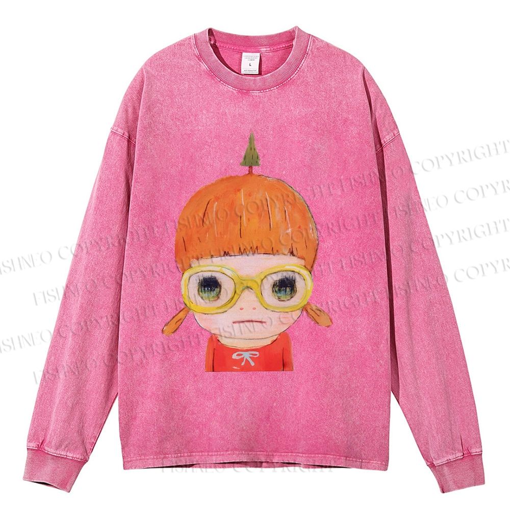 Unisex Casual Washed Yoshitomo Nara Printed Long Sleeve T-shirt