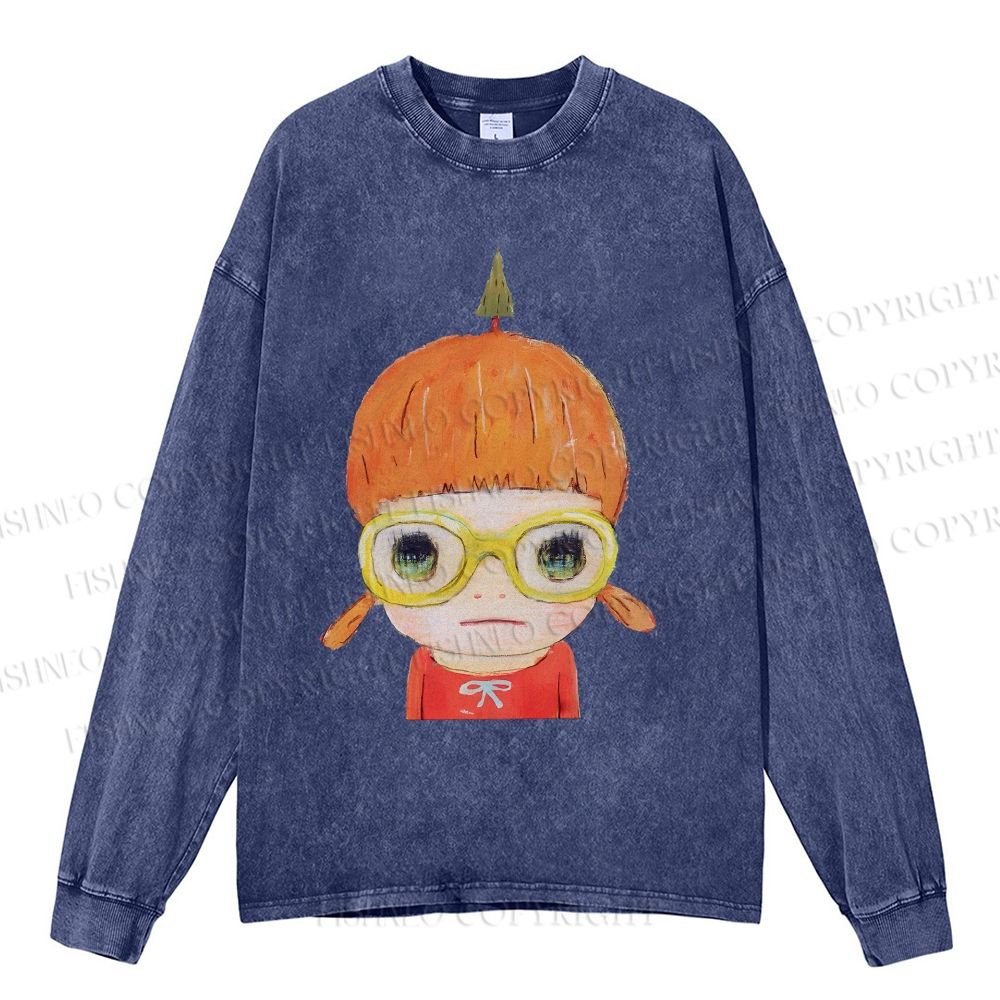 Unisex Casual Washed Yoshitomo Nara Printed Long Sleeve T-shirt