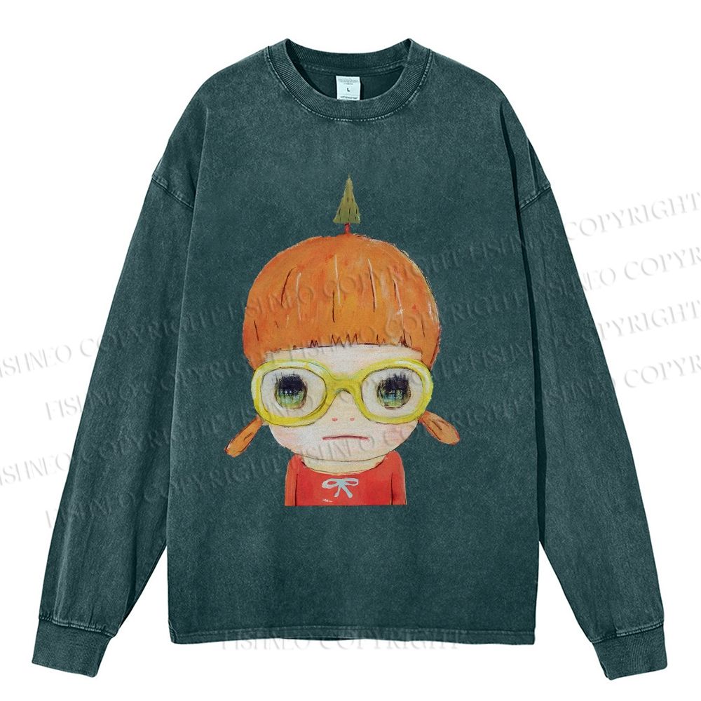 Unisex Casual Washed Yoshitomo Nara Printed Long Sleeve T-shirt