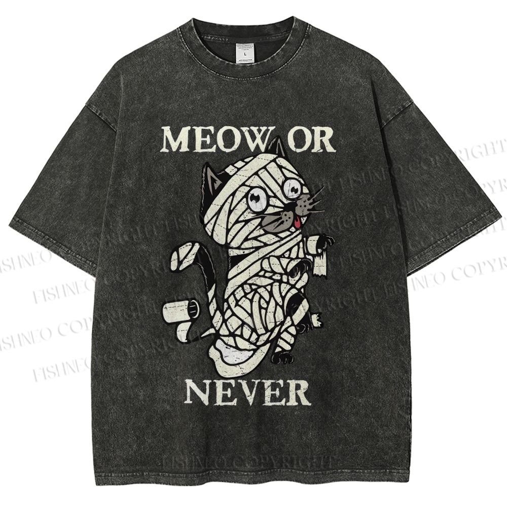 Unisex Meow Or Never Cat Printed Washed Tee