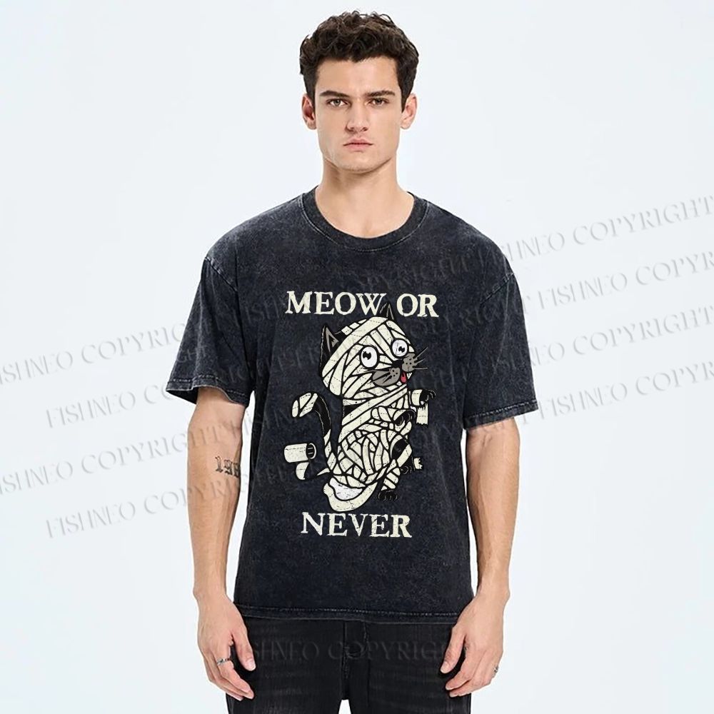 Unisex Meow Or Never Cat Printed Washed Tee