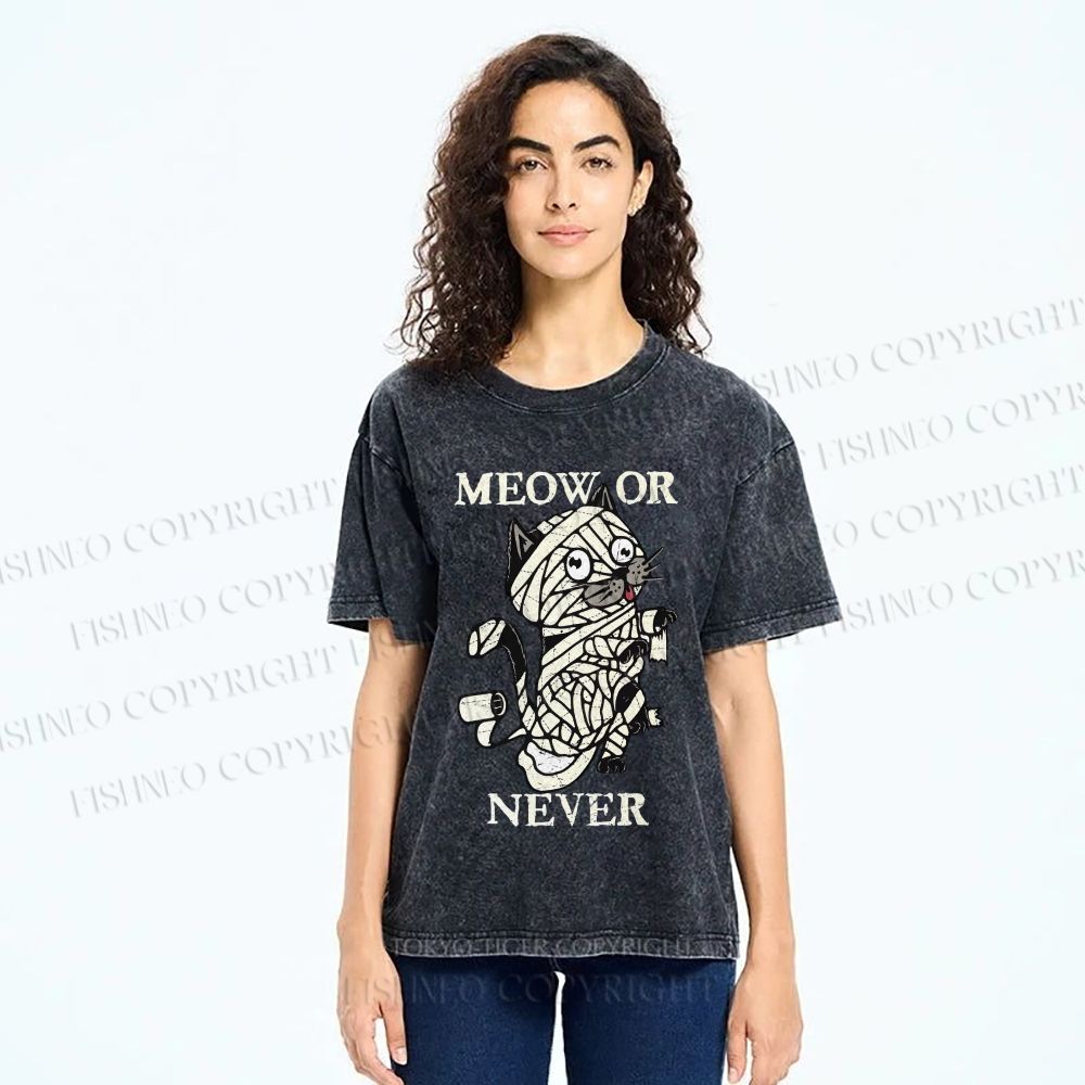 Unisex Meow Or Never Cat Printed Washed Tee