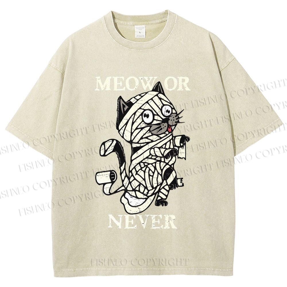 Unisex Meow Or Never Cat Printed Washed Tee