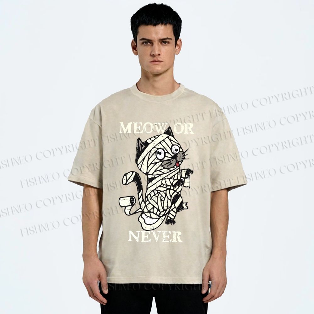 Unisex Meow Or Never Cat Printed Washed Tee