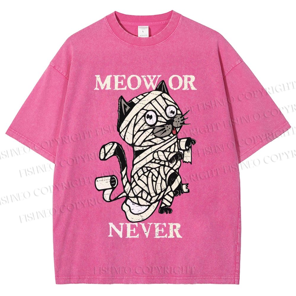Unisex Meow Or Never Cat Printed Washed Tee