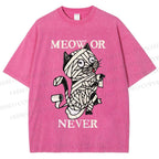 Unisex Meow Or Never Cat Printed Washed Tee