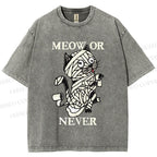 Unisex Meow Or Never Cat Printed Washed Tee