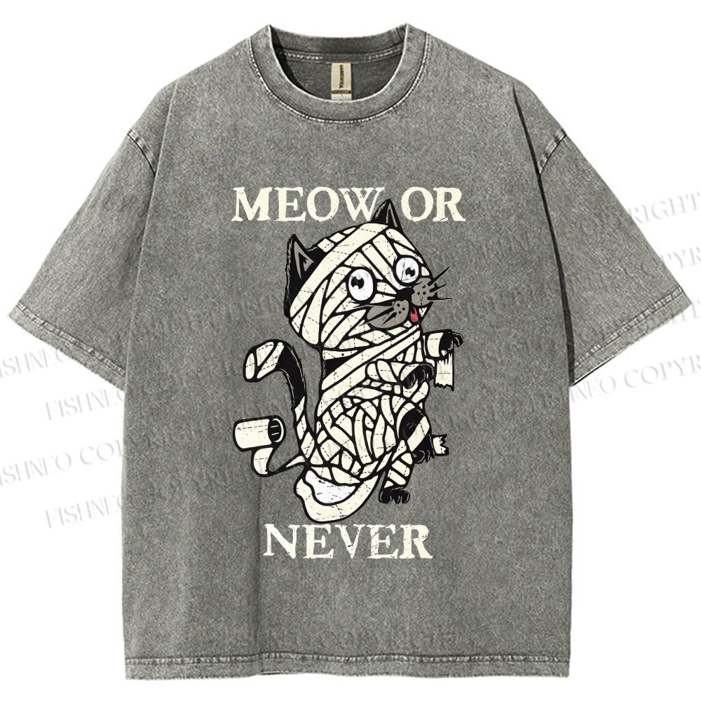 Unisex Meow Or Never Cat Printed Washed Tee