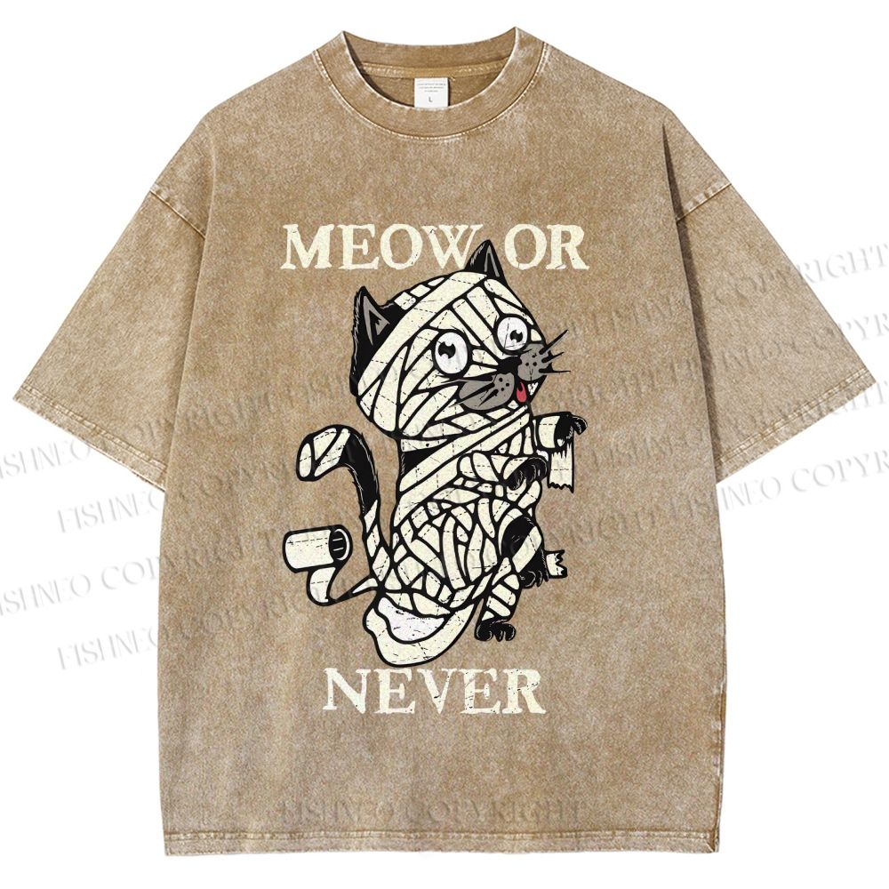 Unisex Meow Or Never Cat Printed Washed Tee