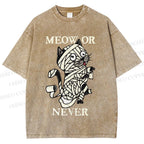 Unisex Meow Or Never Cat Printed Washed Tee