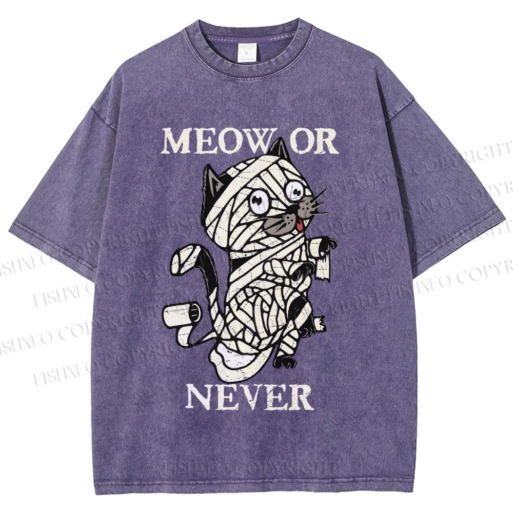 Unisex Meow Or Never Cat Printed Washed Tee