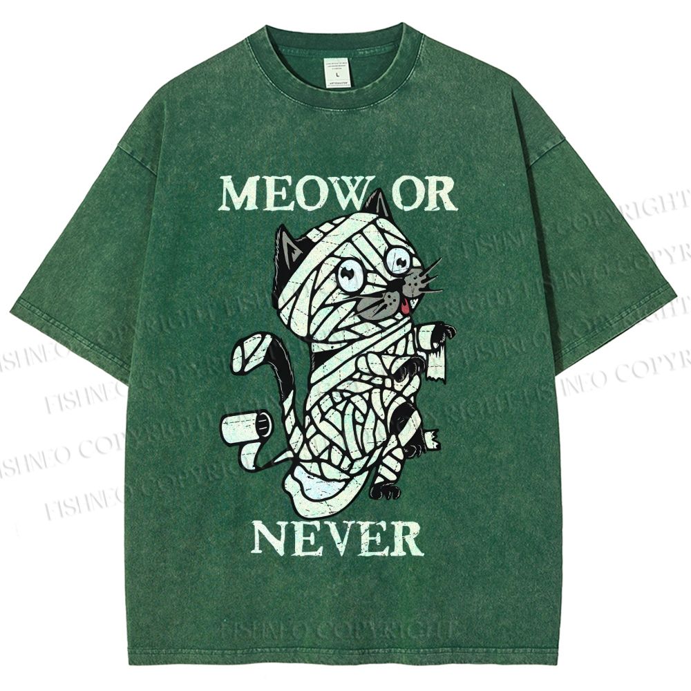 Unisex Meow Or Never Cat Printed Washed Tee