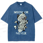 Unisex Meow Or Never Cat Printed Washed Tee