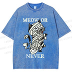 Unisex Meow Or Never Cat Printed Washed Tee