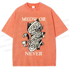 Unisex Meow Or Never Cat Printed Washed Tee