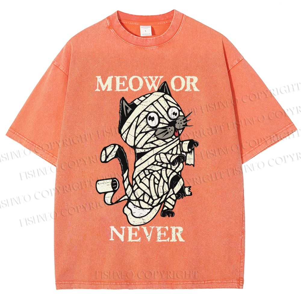 Unisex Meow Or Never Cat Printed Washed Tee