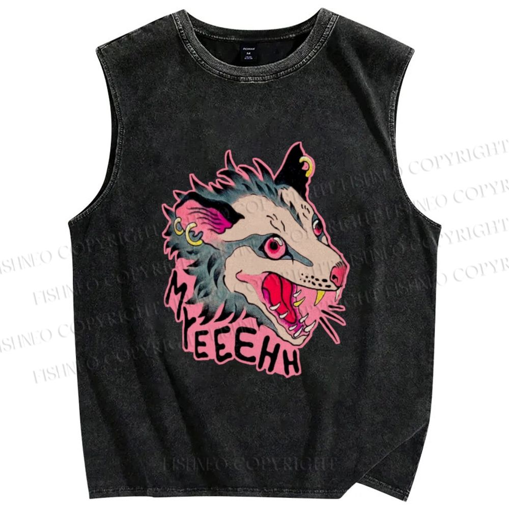 Unisex Opossum Myeeehh Graffiti Printed Washed Tank Top
