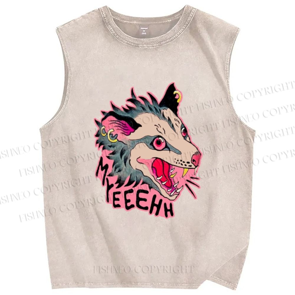Unisex Opossum Myeeehh Graffiti Printed Washed Tank Top