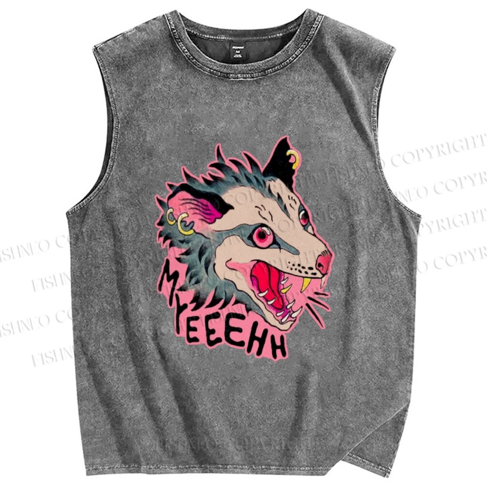 Unisex Opossum Myeeehh Graffiti Printed Washed Tank Top
