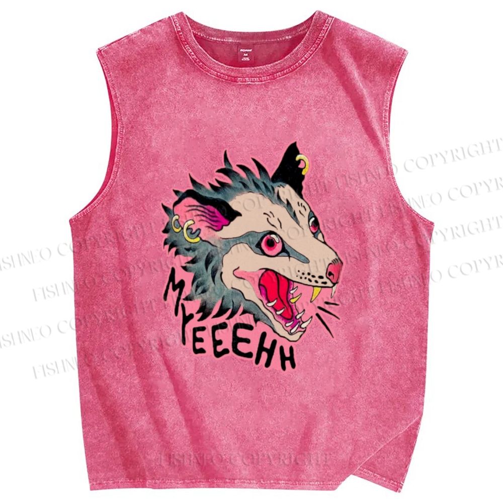 Unisex Opossum Myeeehh Graffiti Printed Washed Tank Top