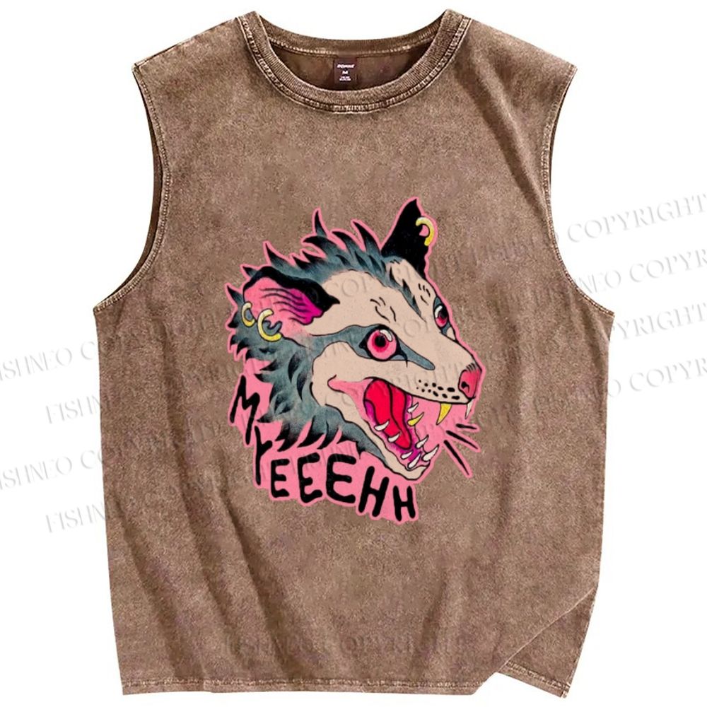 Unisex Opossum Myeeehh Graffiti Printed Washed Tank Top