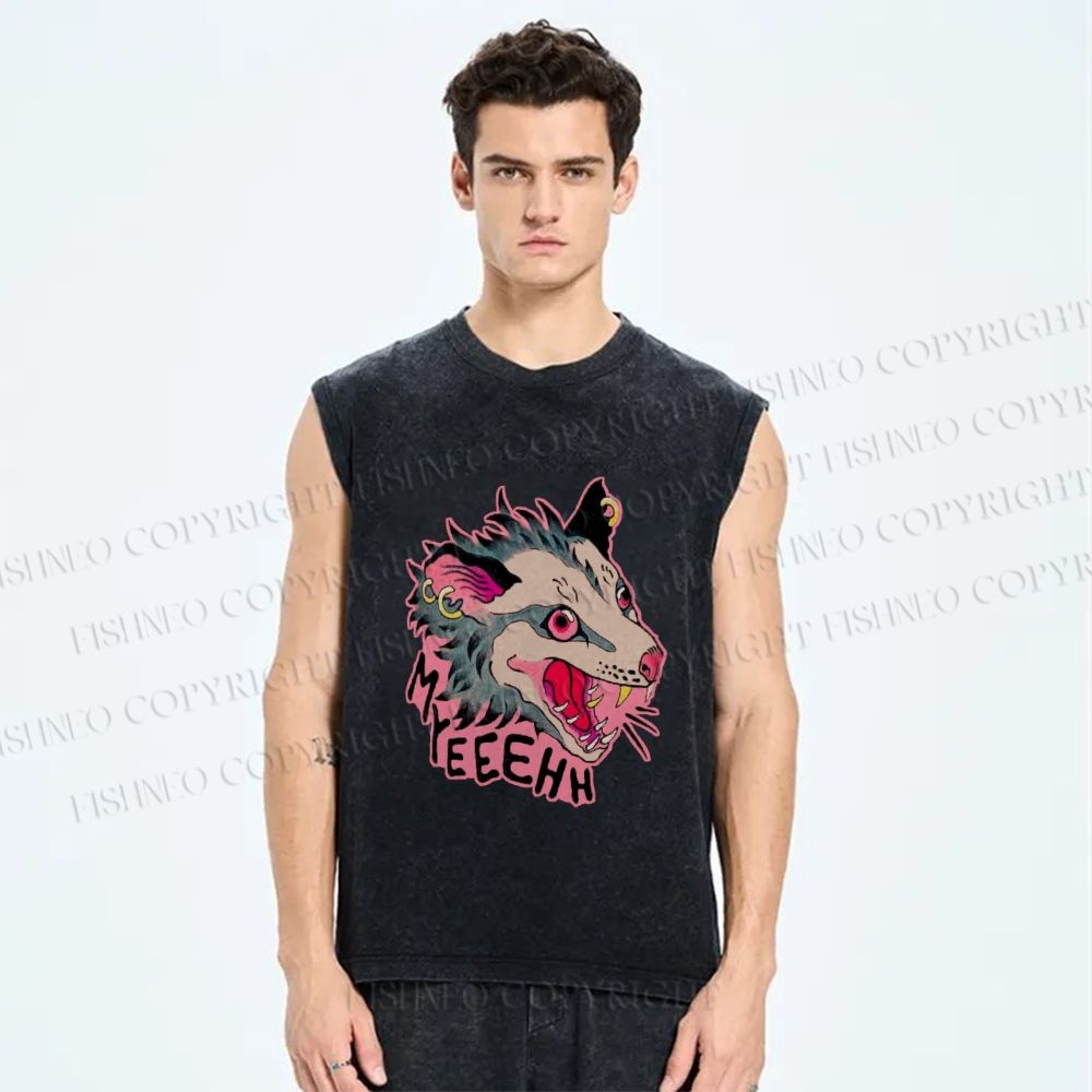 Unisex Opossum Myeeehh Graffiti Printed Washed Tank Top